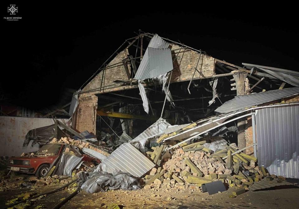 A warehouse heavily damaged during a Russian drone strike in the Kyiv region (via REUTERS)