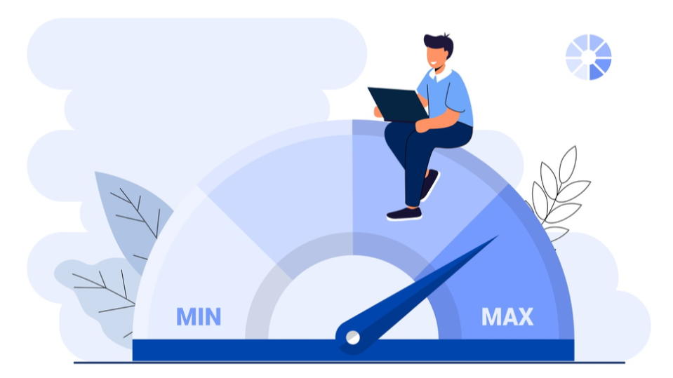 Illustration of a man with a laptop sitting on a speedometer