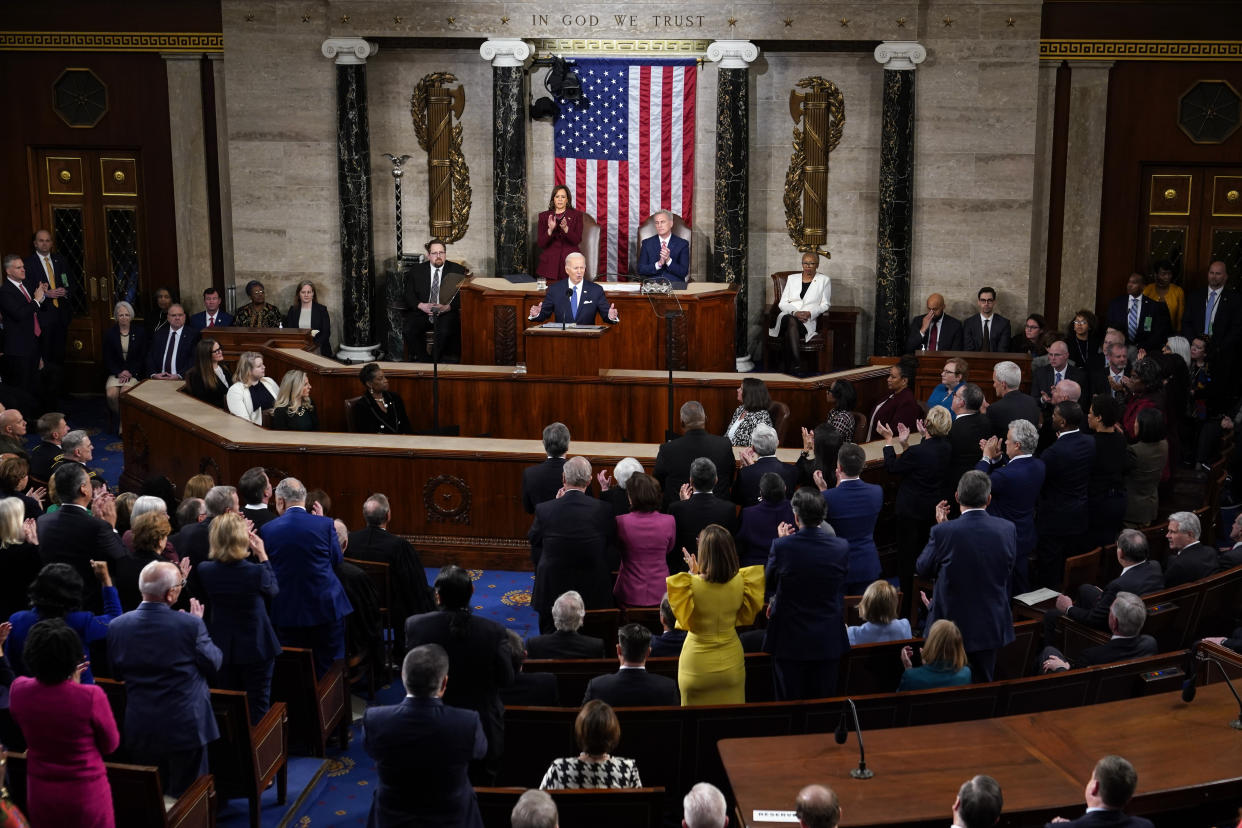 President Joe Biden delivers the State of the Union address to a joint session of Congress at the U.S. Capitol, Tuesday, Feb. 7, 2023, in Washington. (AP Photo/Patrick Semansky)