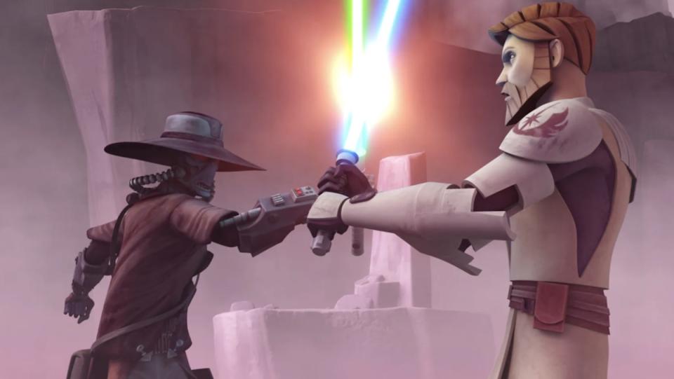 Cad Bane and Obi-Wan Kenobi fight with lightsabers on Star Wars: The Clone Wars