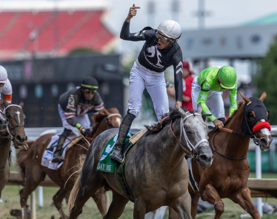 Jockey Jaime Torres celebrates after guiding Seize The Grey to victory in the Pat Day at Churchill Downs on Kentucky Derby day. May 4, 2024