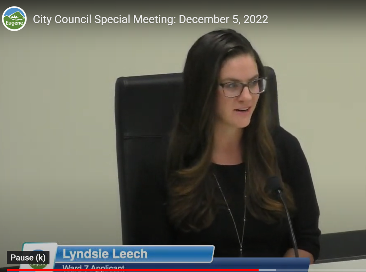 Lyndsie Leech gives opening remarks during her Dec. 5 interview for interim councilor represent Eugene City Council Ward 7.