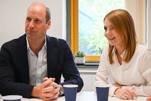 <p>Finnbarr Webster/Getty Images</p> Prince WIlliam and Geri Halliwell-Horner during one of his Homewards visits in Newport, Wales in June 2023