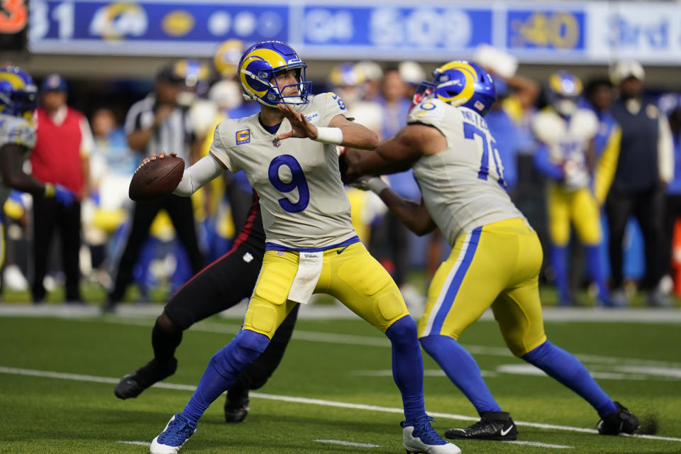 Los Angeles Rams quarterback Matthew Stafford throws a pass during the second half of an NFL football game against the Atlanta Falcons, Sunday, Sept. 18, 2022, in Inglewood, Calif. (AP Photo/Ashley Landis)