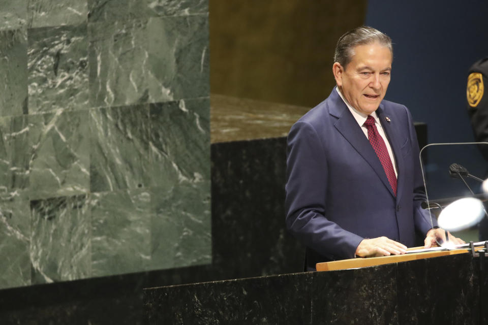 The President of Panama, Laurentino Cortizo addresses the 76th Session of the U.N. General Assembly at United Nations headquarters in New York, on Thursday, Sept. 23, 2021. (Spencer Platt/Pool Photo via AP)