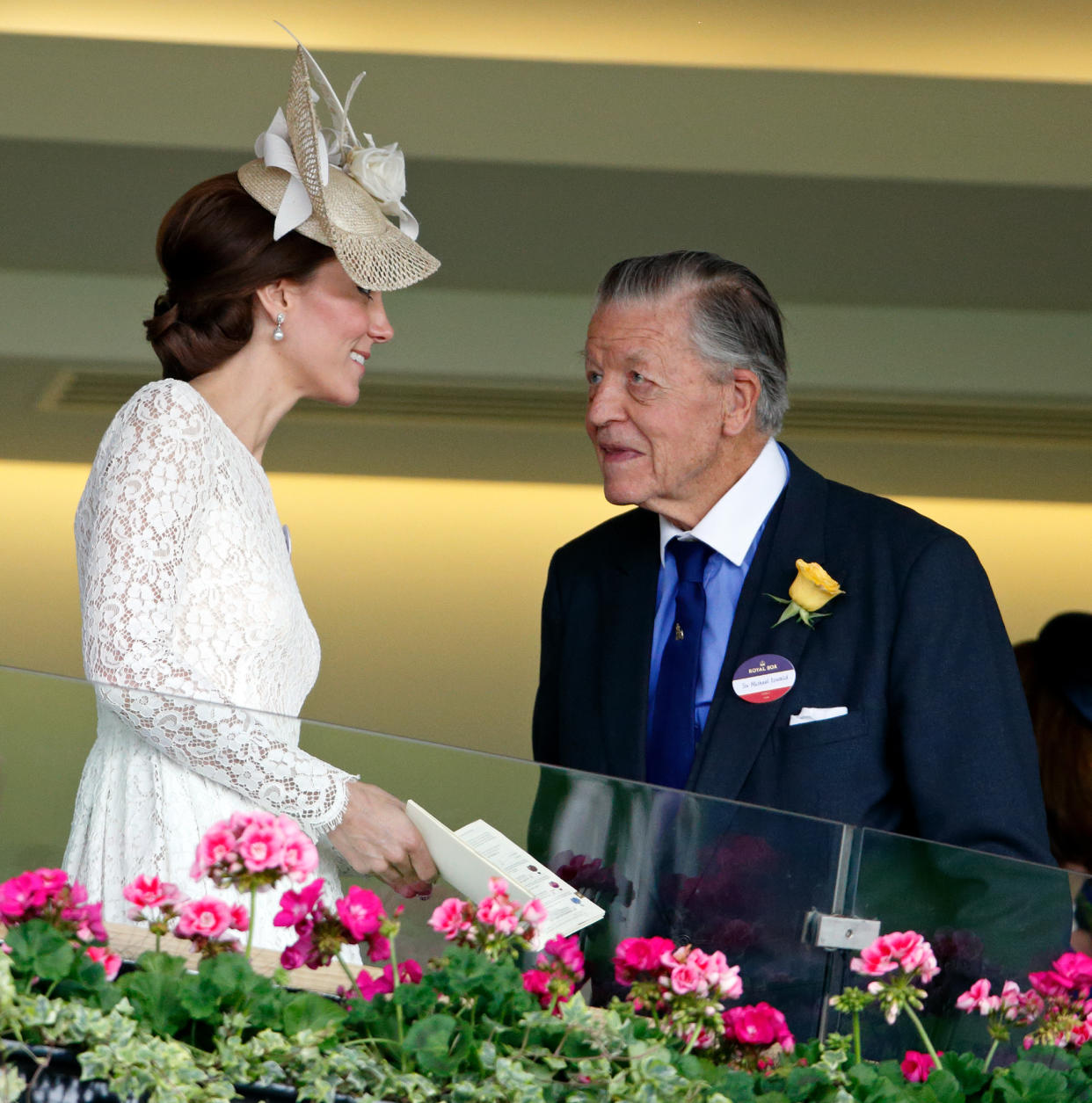 ASCOT, UNITED KINGDOM - JUNE 15: (EMBARGOED FOR PUBLICATION IN UK NEWSPAPERS UNTIL 48 HOURS AFTER CREATE DATE AND TIME) Catherine, Duchess of Cambridge and Sir Michael Oswald (National Hunt Racing Adviser to Queen Elizabeth II) watch the racing from The Royal Box as they attend day 2 of Royal Ascot at Ascot Racecourse on June 15, 2016 in Ascot, England. (Photo by Max Mumby/Indigo/Getty Images)