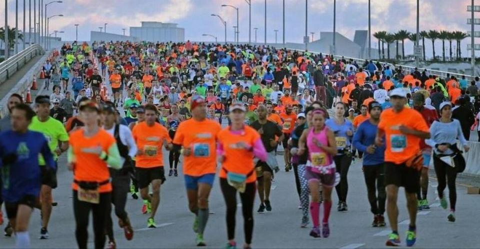 Runners take over the MacArthur Causeway in the 2016 Miami Marathon.