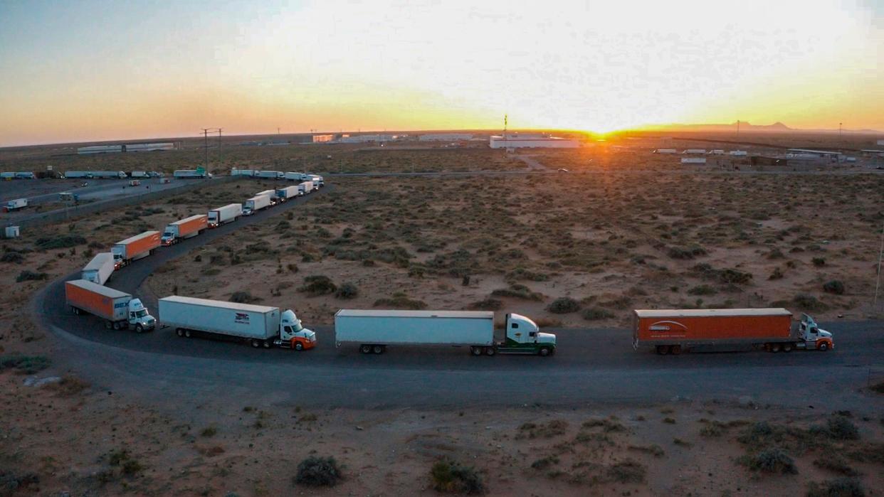 Commercial trucks wait to enter the U.S. at the Santa Teresa Port of Entry in New Mexico on Monday.