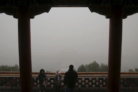 The Forbidden City is barely seen from the top of Jingshan Park as visitors take pictures on an extremely polluted day as hazardous, choking smog continues to blanket Beijing, China December 1, 2015. REUTERS/Damir Sagolj