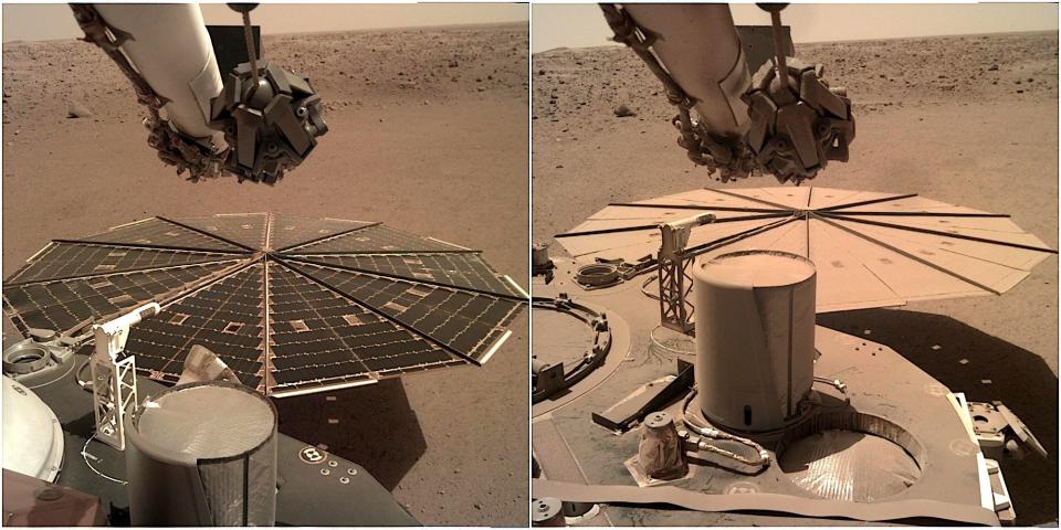 insight lander solar panels split image left clean panels right dust covered