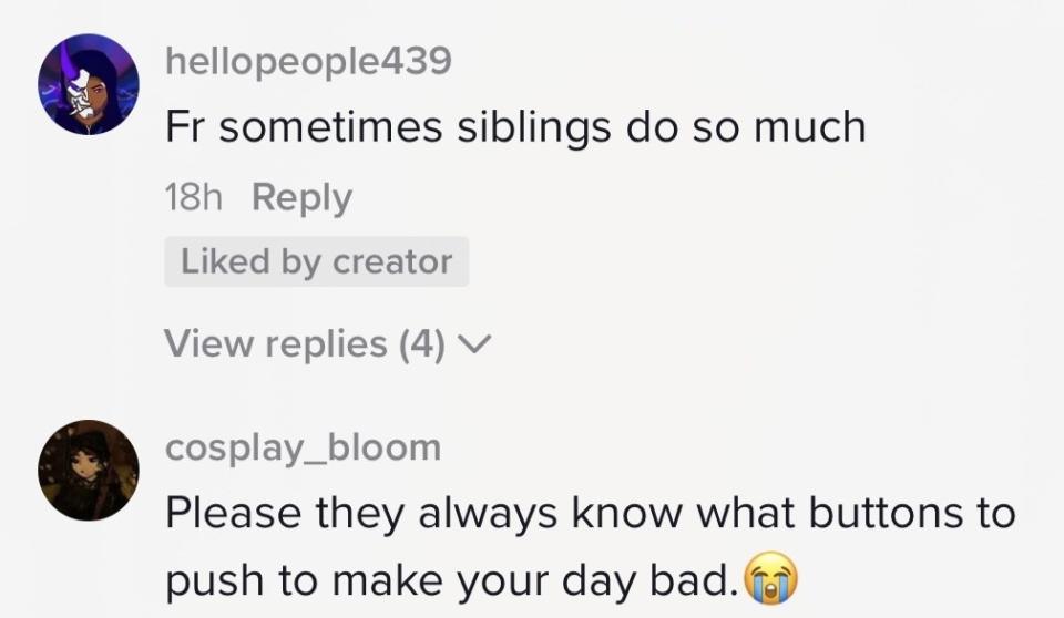 "Fr sometimes siblings do so much" and "Please they always know what buttons to push to make your day bad"