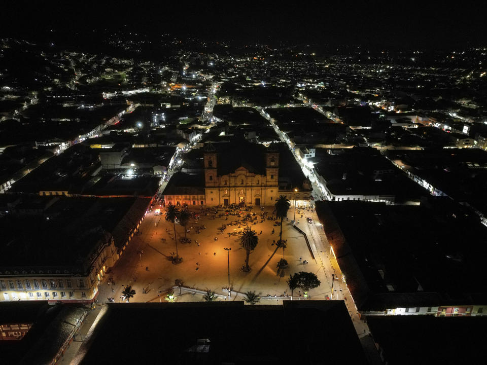 View of the Santísima Trinidad y San Antonio de Padua de Zipaquirá Cathedral, during the Holy Thursday procession in Zipaquira, Colombia, Thursday, April 6, 2023. (AP Photo/Ivan Valencia)