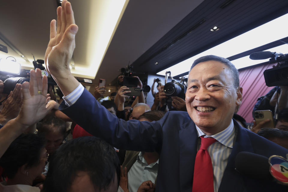 Pheu Thai political party's Srettha Thavisin reacts as he attends a press conference after Thailand's parliament voted in favor of his prime ministerial candidacy, at the party headquarters in Bangkok, Thailand, Tuesday, August 22, 2023. (AP Photo/Wason Wanichakorn)