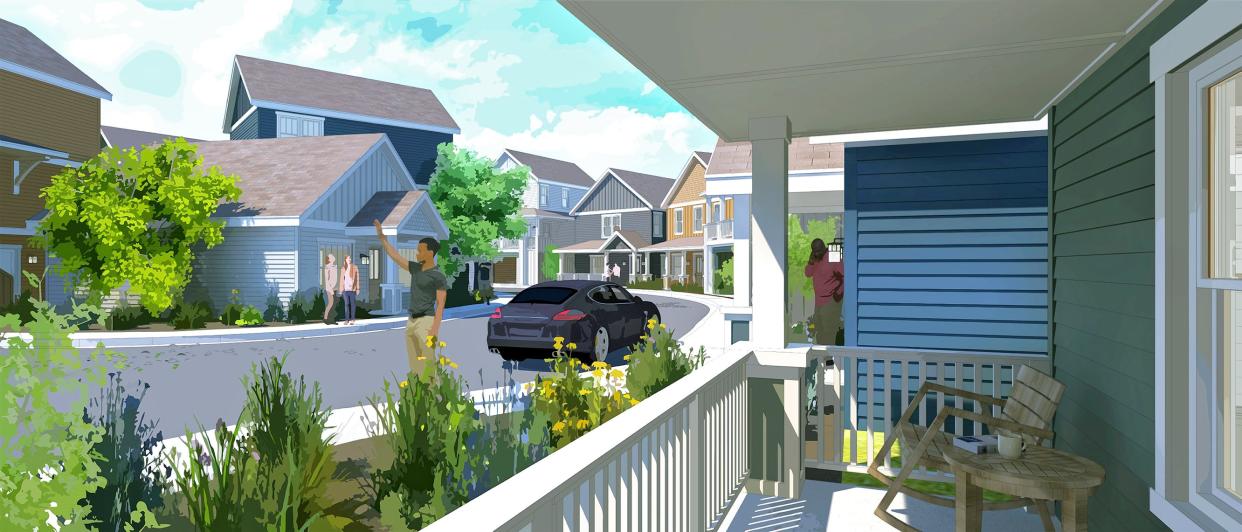 An artist's rendering shows Magnolia Row, a "horizontal apartment" neighborhood with single-family homes for rent, under construction at 6300 W Memorial Road.