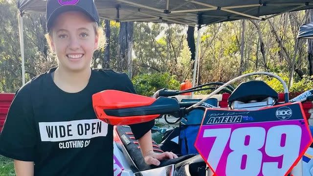 <p>Gofundme</p> A photo of 15-Year-Old Dirt Bike Star Amelia Kotze next to her bike.