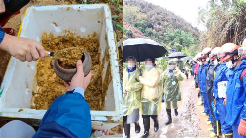 乘客家屬使用陶罐帶現場泥土回家，救難人員站一排向乘客家屬行禮。（圖／翻攝自新華社微博）