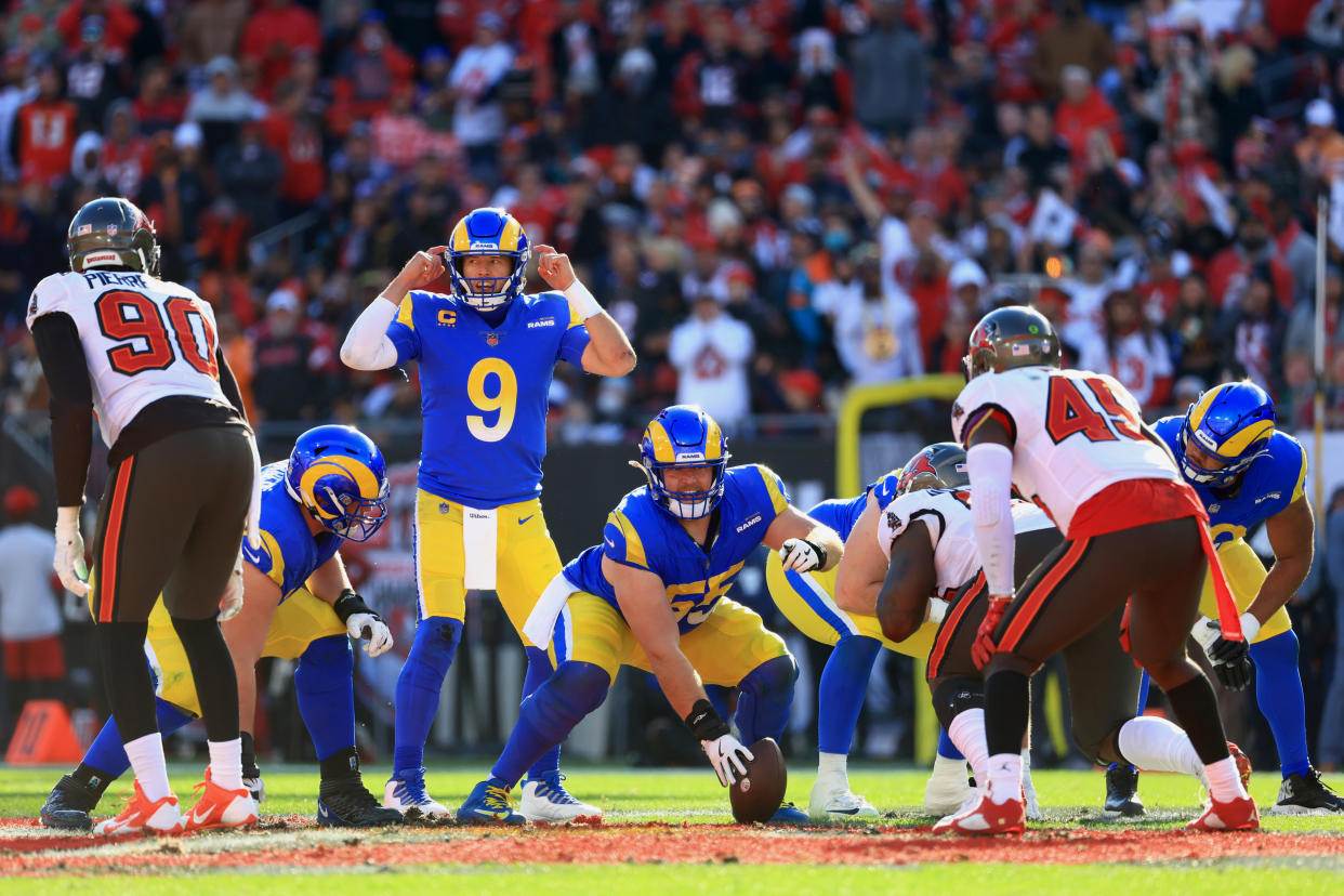 TAMPA, FLORIDA - JANUARY 23: Matthew Stafford #9 of the Los Angeles Rams calls a play in the second quarter of the game against the Tampa Bay Buccaneers in the NFC Divisional Playoff game at Raymond James Stadium on January 23, 2022 in Tampa, Florida. (Photo by Mike Ehrmann/Getty Images)