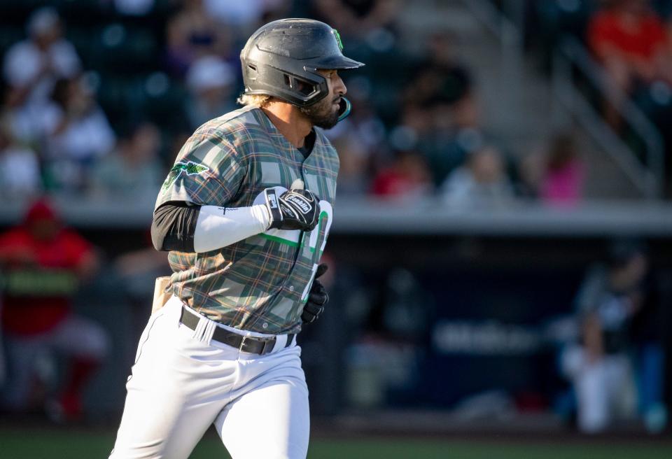 Emeralds’ shortstop Aeverson Arteaga runs the bases after hitting a home run during a 5-2 win over Spokane in July 2023 at PK Park in Eugene.