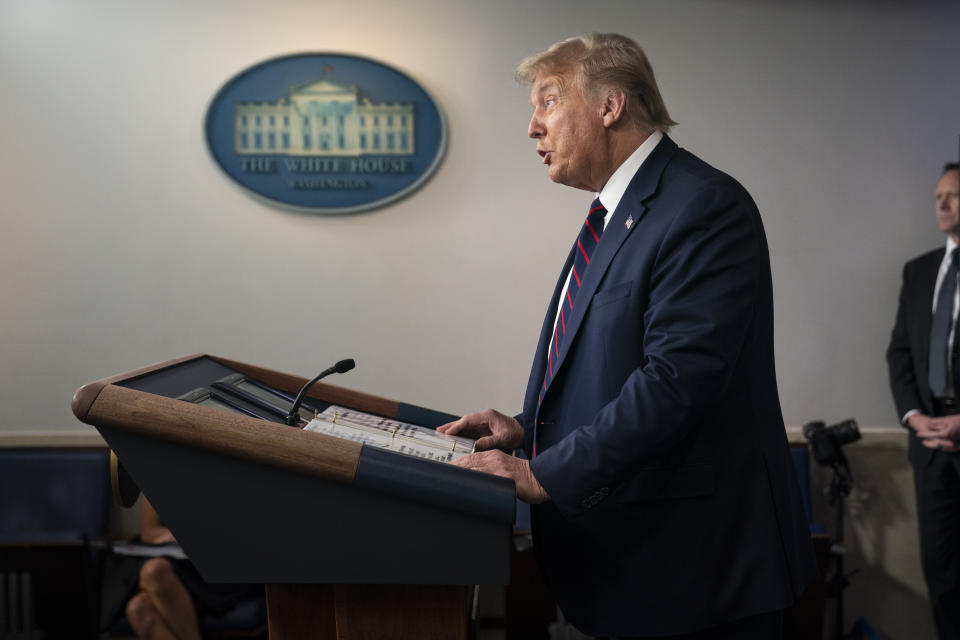 President Donald Trump speaks during a news conference at the White House, Tuesday, July 21, 2020, in Washington. (AP Photo/Evan Vucci)