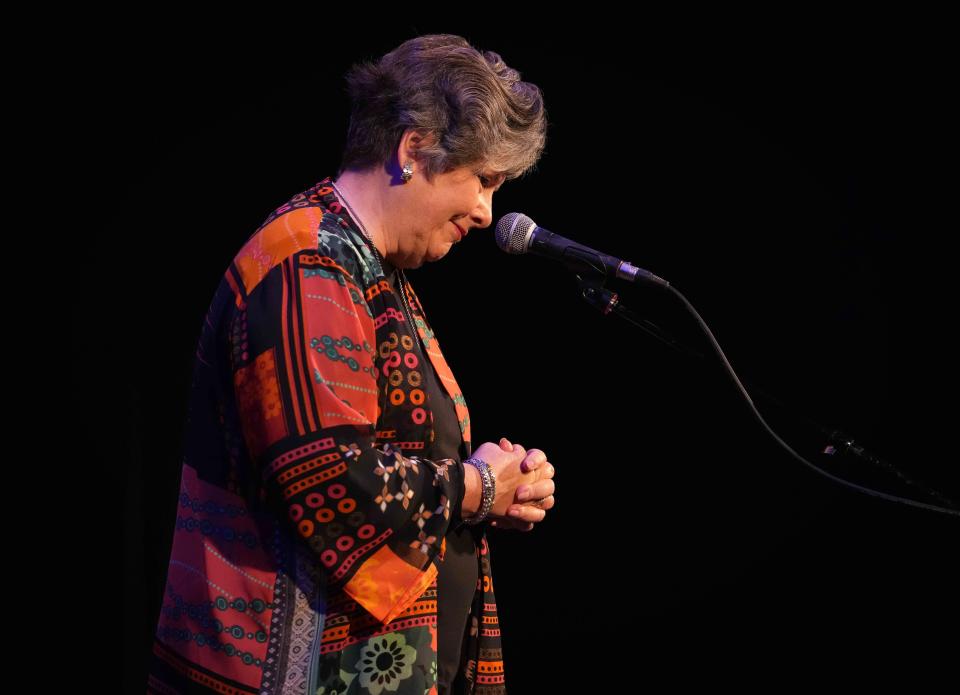 Storyteller Julie Gammack shares her story on Tuesday, Aug. 30, 2022, during the Des Moines Register Storytellers Project at Hoyt Sherman Place in Des Moines.