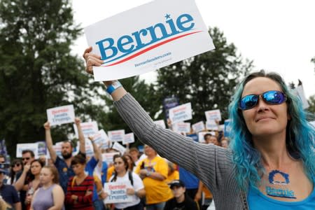 Democratic U.S. presidential candidate Sanders speaks at Polk County Democrats Steak Fry in Des Moines, Iowa