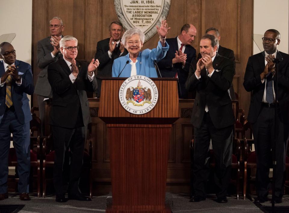 Gov. Kay Ivey delivers the State of the State address inside the old house chambers at the Alabama State Capitol in Montgomery, Ala., on Tuesday, March 5, 2019.