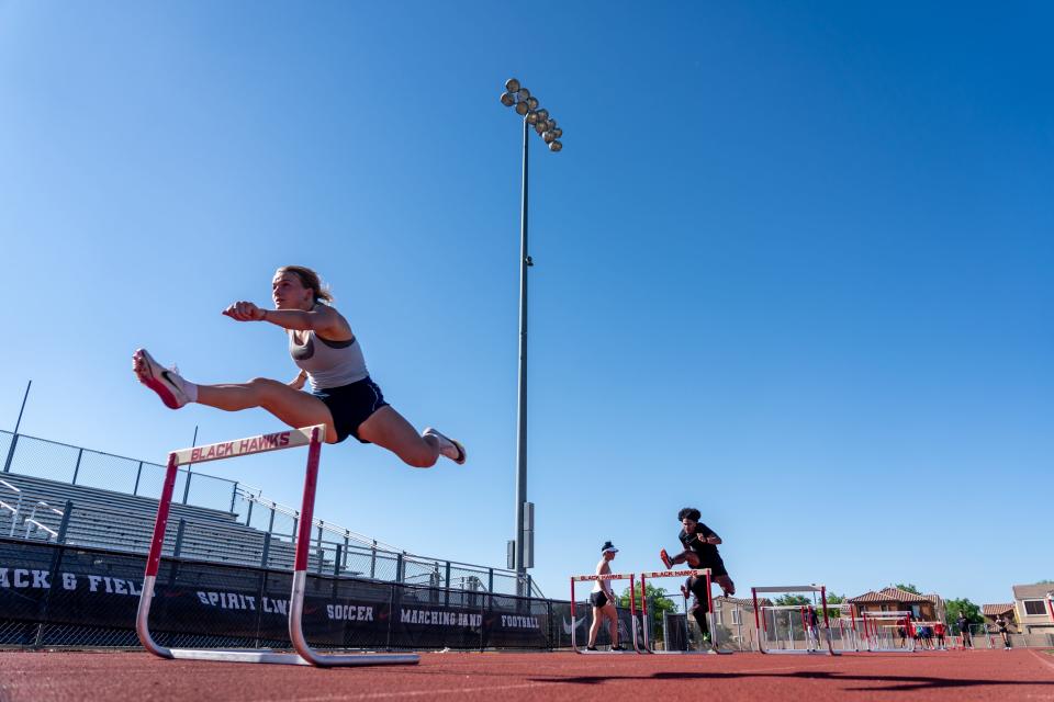 Saira Prince, a senior hurdler at Williams Field High Schoolâ€™s track and field team, practices on campus in Gilbert on April 11, 2023.