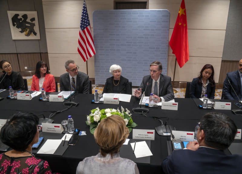 U.S. Ambassador to China Nicholas Burns (3-R) speaks as U.S. Treasury Secretary Janet Yellen (C), listens during a roundtable meeting with members of the American business community in Beijing on July 7. File Pool Photo by Mark Schiefelbein/EPA-EFE