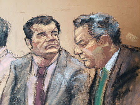The accused Mexican drug lord Joaquin "El Chapo" Guzman, is shown in this courtroom sketch as he appears with defense attorney Jeffrey Lichtman (R) in Brooklyn federal court in New York, U.S., November 19, 2018. REUTERS/Jane Rosenberg