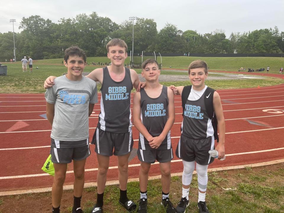 The Gibbs Middle School 4x400 relay team is headed to the state meet: Waylan Spierdowis (8th grade), Clay Phillips (8th grade), Levi Morris (6th grade) and Braxton Swift (6th grade).