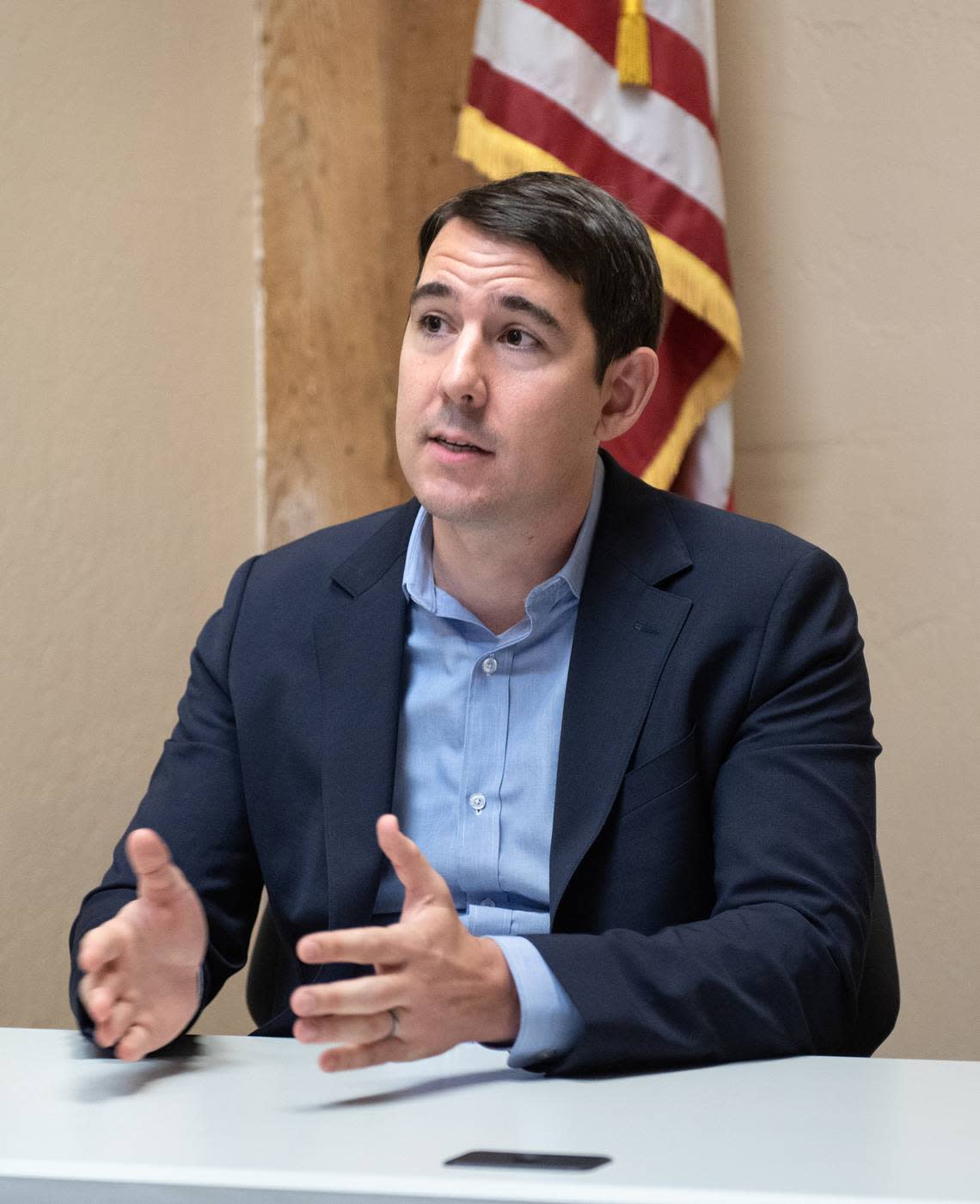 U.S.Congressional District 9 candidate Josh Harder answers a question from the moderator during a debate with challenger Tom Patti at the Stockton Record newspaper office in Stockton, Calif., Thursday, Oct. 13, 2022.