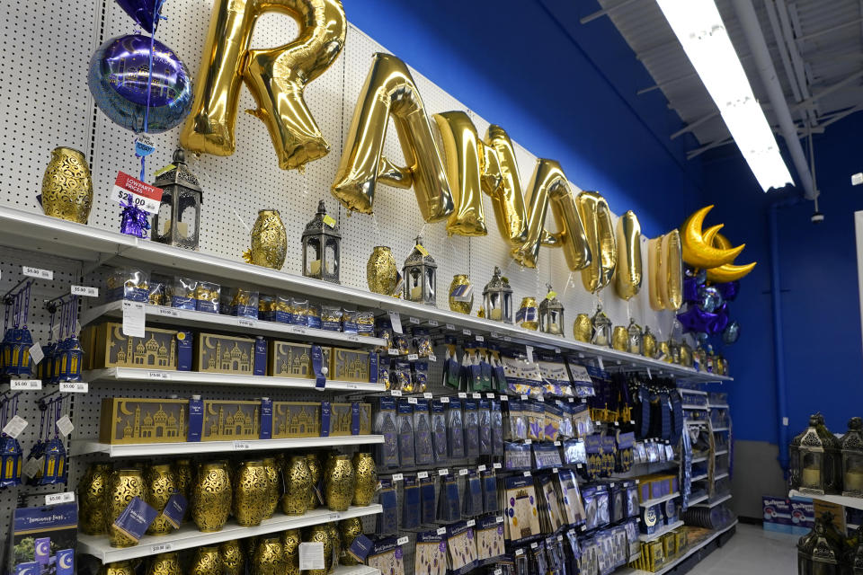 Ramadan decorations are displayed at a Party City store in Dearborn, Mich., on Thursday, March 23, 2023. More businesses are selling Ramadan and Eid items, including DIY kits, lanterns and napkin holders. It's one of the latest signs of big U.S. retailers catering to American Muslim shoppers. Many Muslim Americans enthusiastically welcomed the recognition, applauding those retailers that are making it easier for them to bring their families the cheer that ubiquitously and publicly marks some other faiths' holidays. (AP Photo/Carlos Osorio)