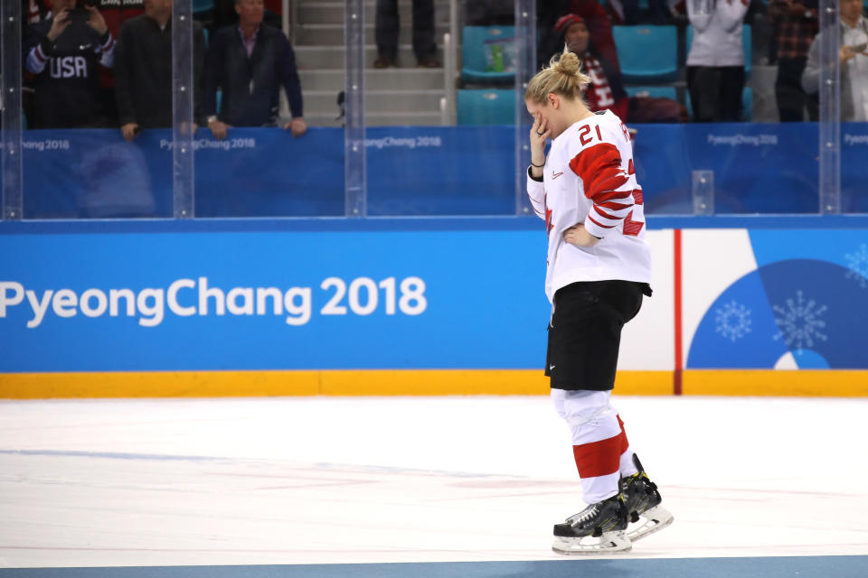 <p>Haley Irwin #21 of Canada reacts after being defeated by Team United States 3-2 in the overtime penalty-shot shootout during the Women’s Gold Medal Game on day 13 of the PyeongChang 2018 Winter Olympic Games, February 22, 2018.<br> (Photo by Bruce Bennett/Getty Images) </p>