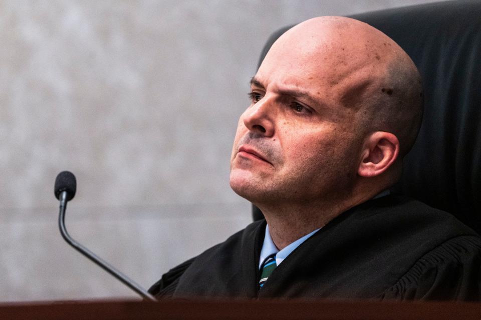 Iowa Supreme Court justice David May listens during oral arguments for the lawsuit challenging Iowa's 2023 law banning most abortions at 6 weeks at the Iowa Supreme Court on Thursday, April 11, 2024, in Des Moines.