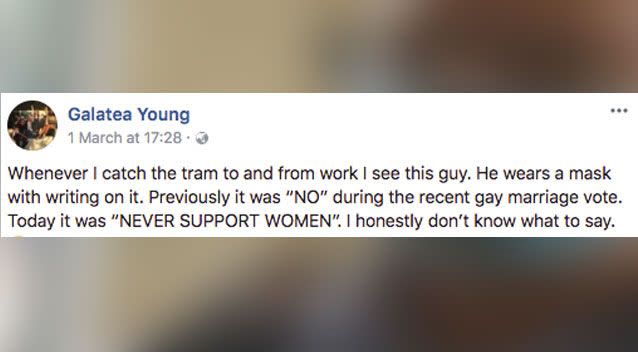 Galetea Young shared a photo to Facebook of a man on a city centre tram. Photo: Facebook/ Galetea Young