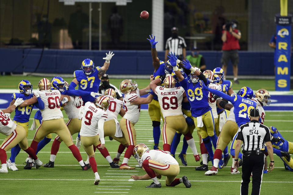 San Francisco 49ers kicker Robbie Gould (9) kicks the game-winning field goal as time expires during the second half of an NFL football game against the Los Angeles Rams Sunday, Nov. 29, 2020, in Inglewood, Calif. San Francisco won 23-20. (AP Photo/Kelvin Kuo)