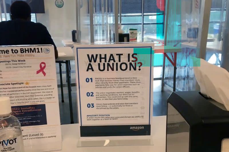 Amazon.com Inc message is seen at a warehouse break room ahead of another potential union vote in Bessemer