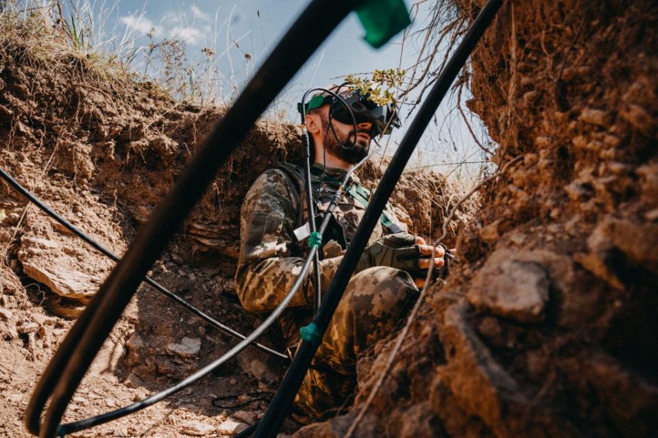 A Ukrainian drone operator from the 24th Separate Mechanized Brigade tests new military equipment including FPV drones on the training area amid Russia-Ukraine war in Donetsk Oblast, Ukraine on August 03, 2023.