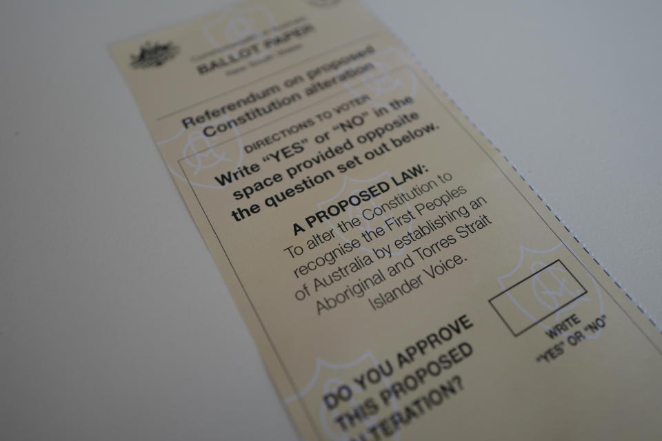 A Voice referendum ballot paper is seen as used in a postal vote. (Photo by James D. Morgan/Getty Images)