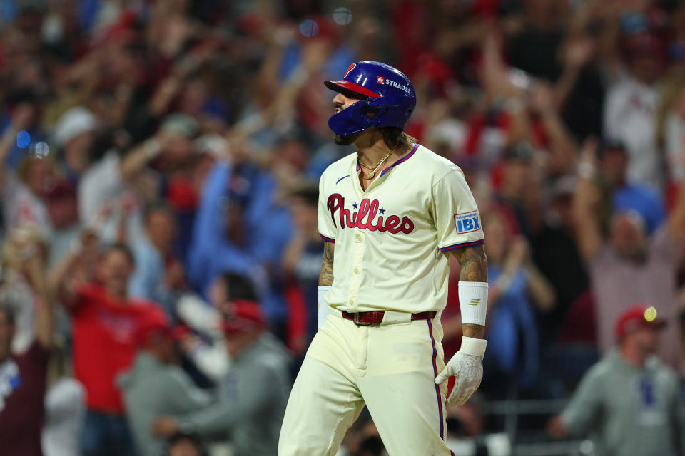 PHILADELPHIA, PENNSYLVANIA – OCTOBER 6: Nick Castellanos #8 of the Philadelphia Phillies reacts after scoring a run on a triple by Bryson Stott # in the eighth inning against the New York Mets in Game 2 of the Division Series at Citizens Bank Park 5 scored June 6, 2024 in Philadelphia, Pennsylvania. (Photo by Heather Barry/Getty Images)