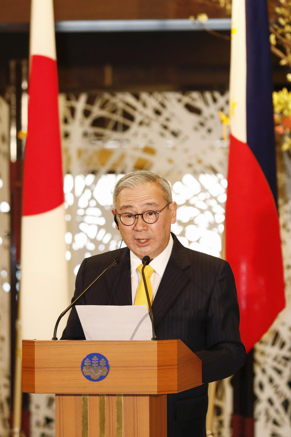 Philippine Foreign Secretary Teodoro Locsin Jr. speaks during a news conference with Japanese Foreign Minister Yoshimasa Hayashi and Defense Minister Nobuo Kishi in Tokyo, Japan, Saturday, April 9, 2022. Locsin and Defense Secretary Delfin Lorenzana are visiting Japan to meet with their counterparts. (Rodrigo Reyes Marin/Pool Photo via AP)