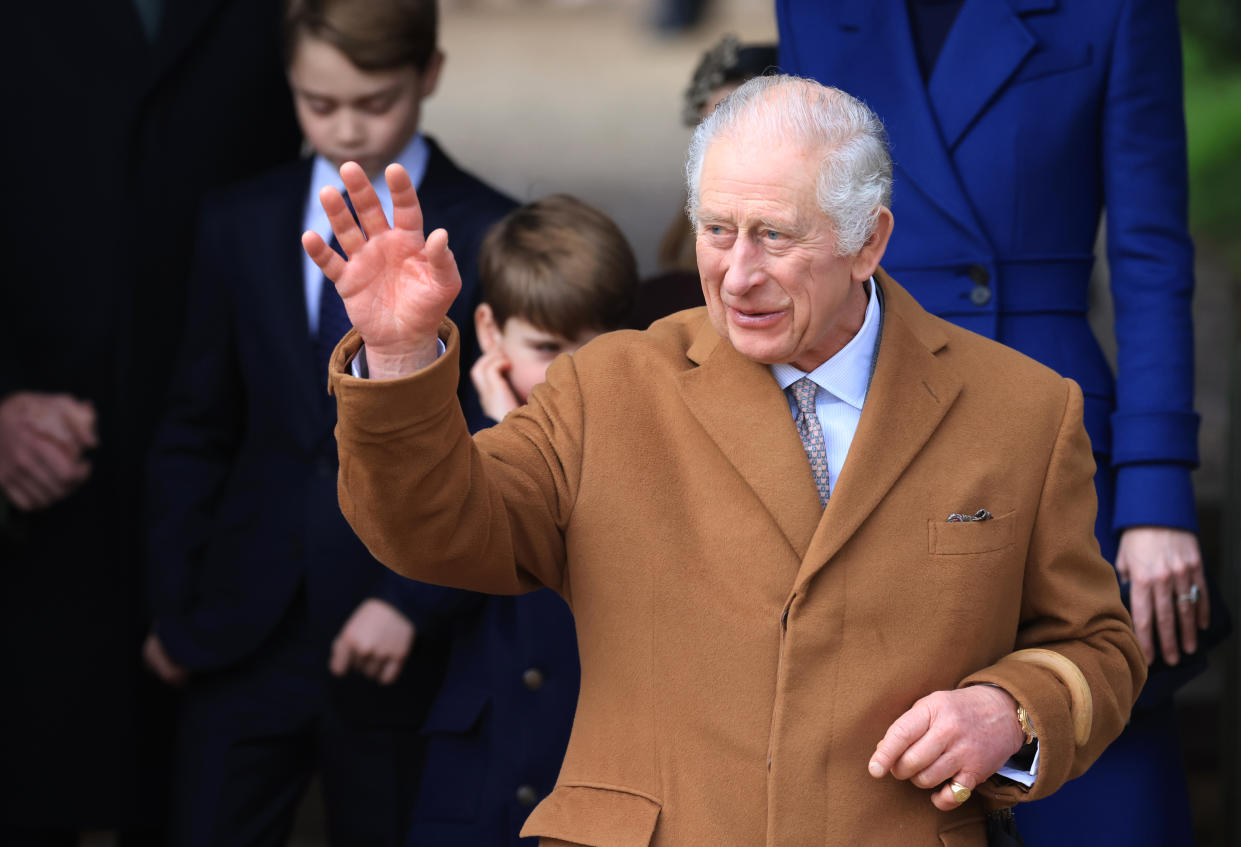 SANDRINGHAM, NORFOLK - DECEMBER 25: King Charles III departs after attending the Christmas Morning Service at Sandringham Church on December 25, 2023 in Sandringham, Norfolk. (Photo by Stephen Pond/Getty Images)