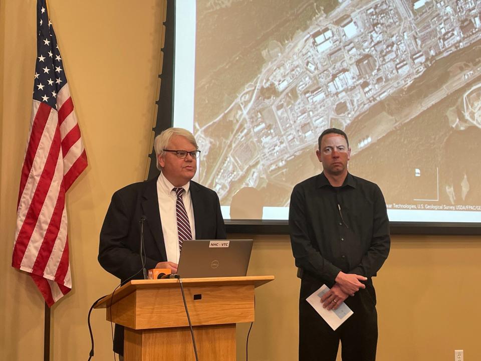Steven Wyatt, National Nuclear Safety Administration spokesman, and Tony Boser of Consolidated Nuclear Security update members of the media about the fire at a Y-12 uranium processing facility on Feb. 22, 2023.