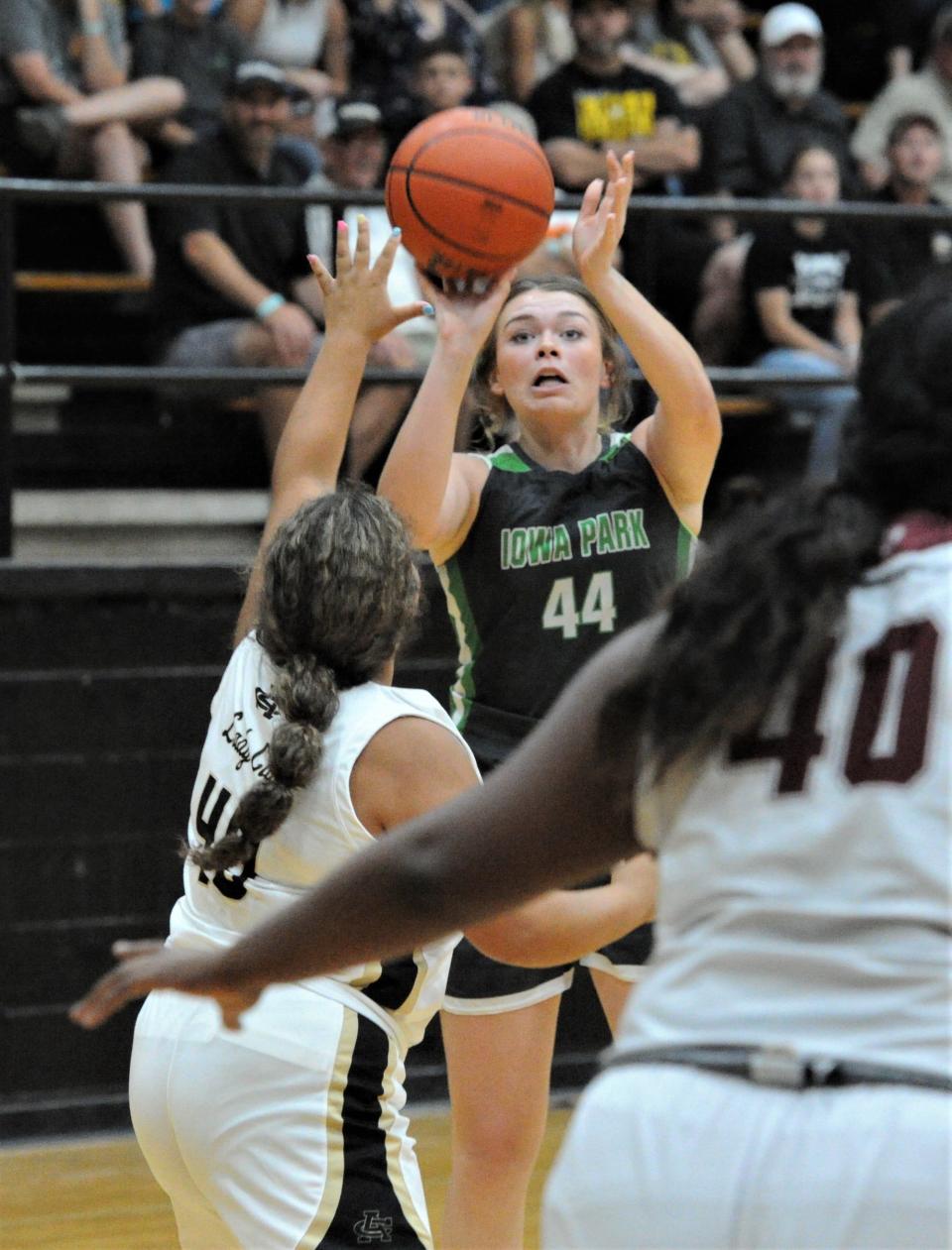 Iowa Park's Gracyn Fields shoots during the 2022 Maskat Shrine Annual Oil Bowl Classic girls basketball game at Rider on Friday, June 17, 2022.