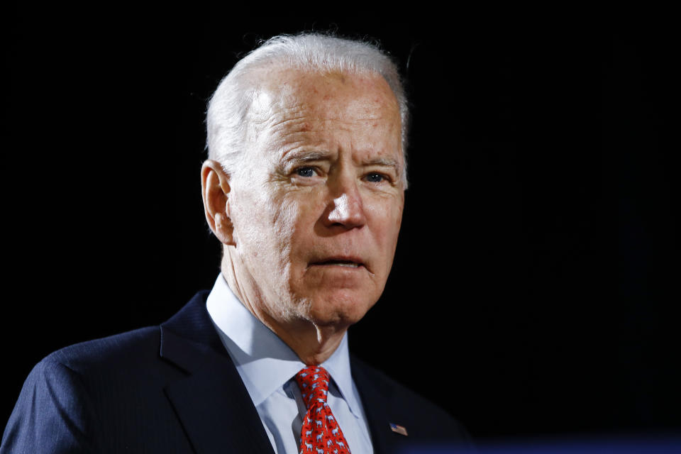 Democratic presidential candidate former Vice President Joe Biden arrives to speak about the coronavirus Thursday, March 12, 2020, in Wilmington, Del. (AP Photo/Matt Rourke)