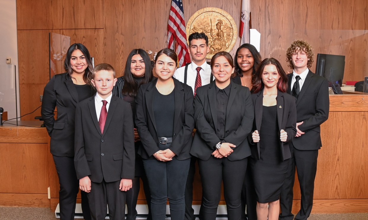 Part of the Oak Hills High School Mock Trial team poses together at the finals competition held at the Rancho Cucamonga Superior Courthouse on Jan.14. Back row, left to right: Rubi Gamez, Sandra Martinez Rivera, Francisco Rodriguera, Danielle Mitchell, Nicholas Markloff. Bottom row, left to right: Robert Long, Sofia Palomares, Abigail Sicairos, Sara Orellana.