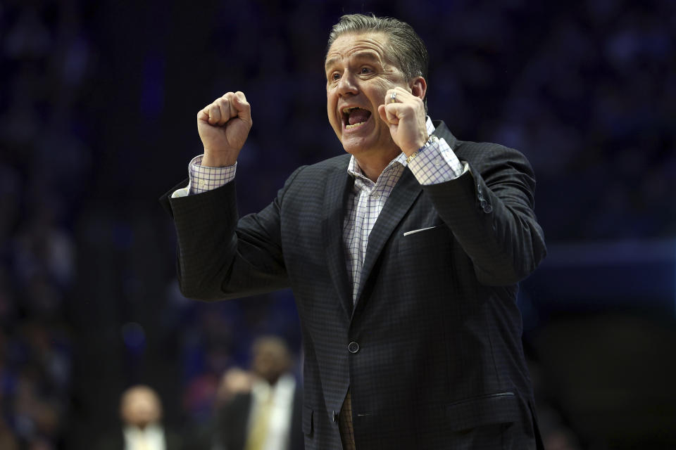 Kentucky head coach John Calipari yells to his team during the second half of an NCAA college basketball game against Missouri in Lexington, Ky., Tuesday, Jan. 9, 2024. Kentucky won 90-77. (AP Photo/James Crisp)