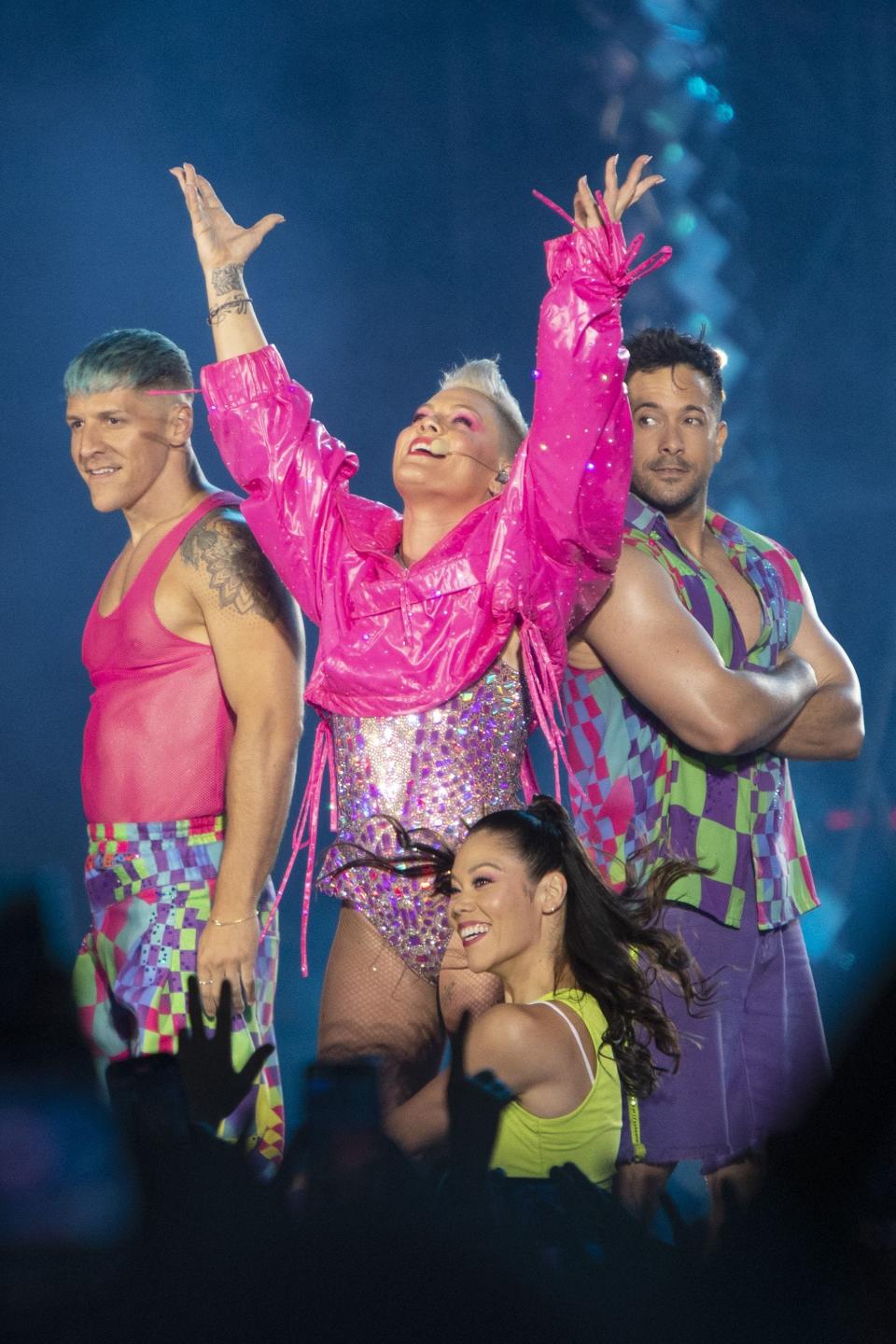 Pink performs on stage during a concert in Vienna, on July 1, 2023.