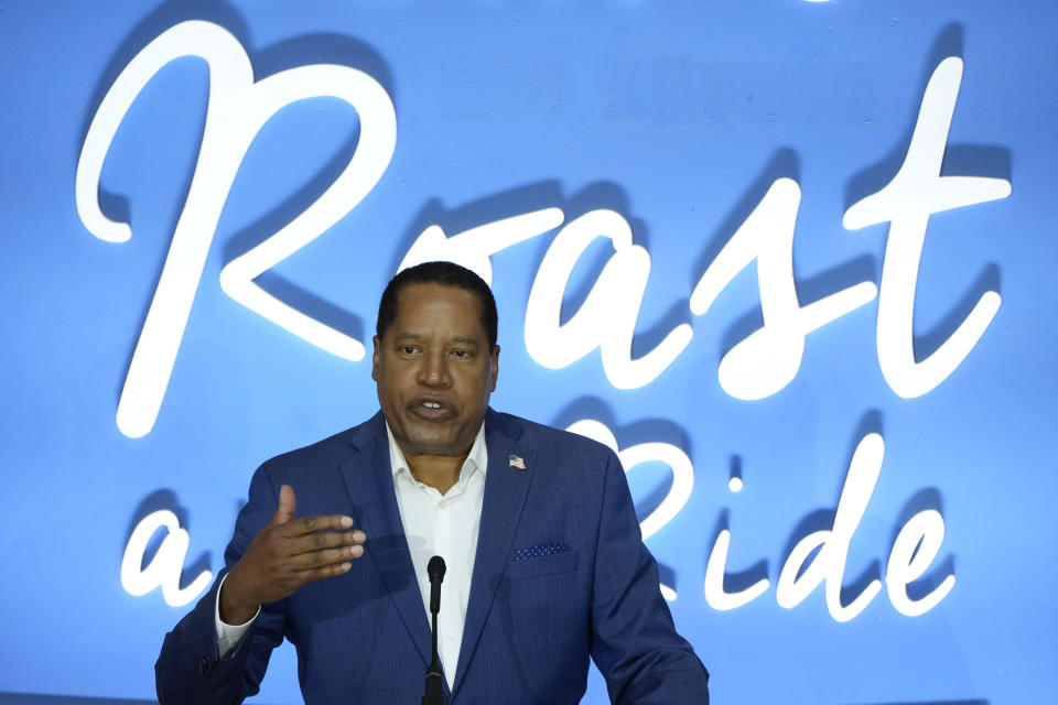 Republican presidential candidate and radio show host Larry Elder speaks during U.S. Sen. Joni Ernst's Roast and Ride, Saturday, June 3, 2023, in Des Moines, Iowa. (AP Photo/Charlie Neibergall)