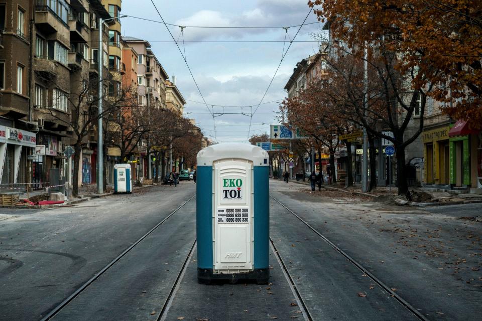 <p>A portable toilet in downtown Sofia, Bulgaria. (Photo: Dimitar Dilkoff/AFP/Getty Images) </p>